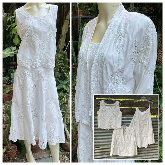 VTG 80s Cotton Prairie Cottage Battenburg Lace Skirt Set Medium Shabby Chic - Picture 11 of 11